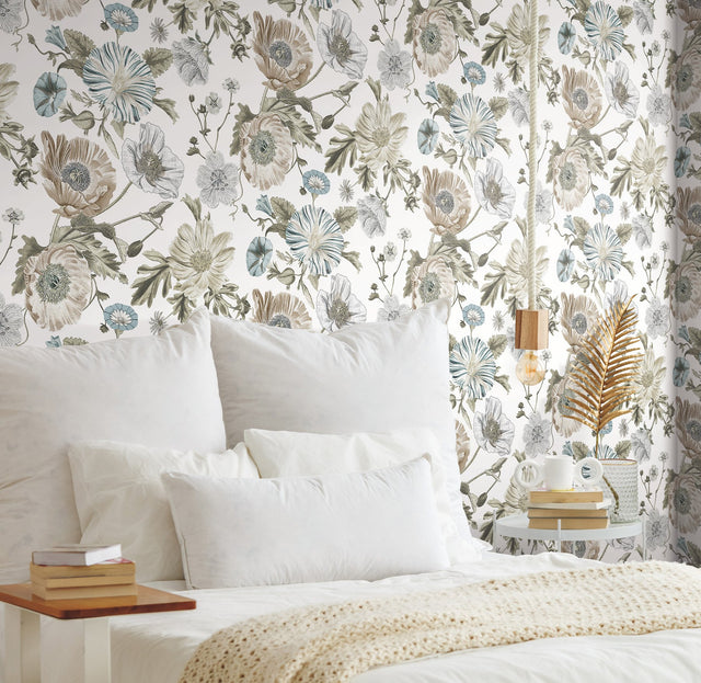 Vintage Poppy White Peel & Stick Vinyl Wallpaper with Botanical Floral Pattern, Vintage Style - York RMK12285PL