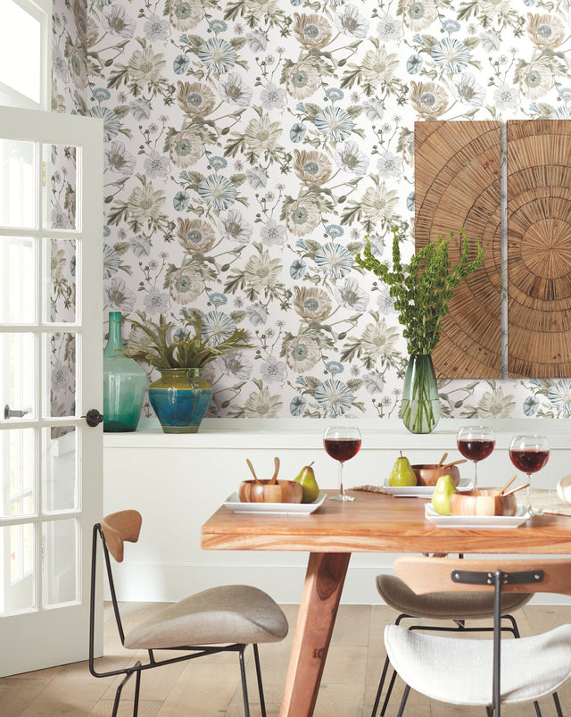 Vintage Poppy White Peel & Stick Vinyl Wallpaper with Botanical Floral Pattern, Vintage Style - York RMK12285PL