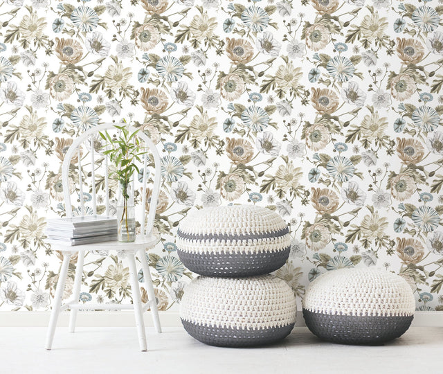 Vintage Poppy White Peel & Stick Vinyl Wallpaper with Botanical Floral Pattern, Vintage Style - York RMK12285PL