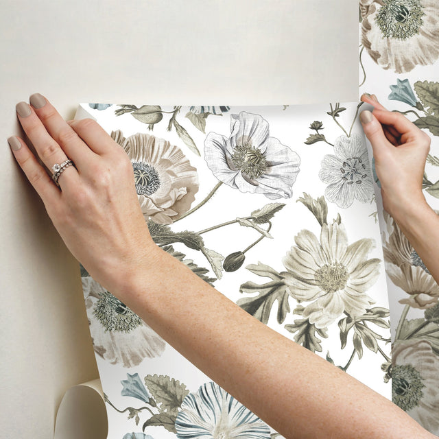 Vintage Poppy White Peel & Stick Vinyl Wallpaper with Botanical Floral Pattern, Vintage Style - York RMK12285PL
