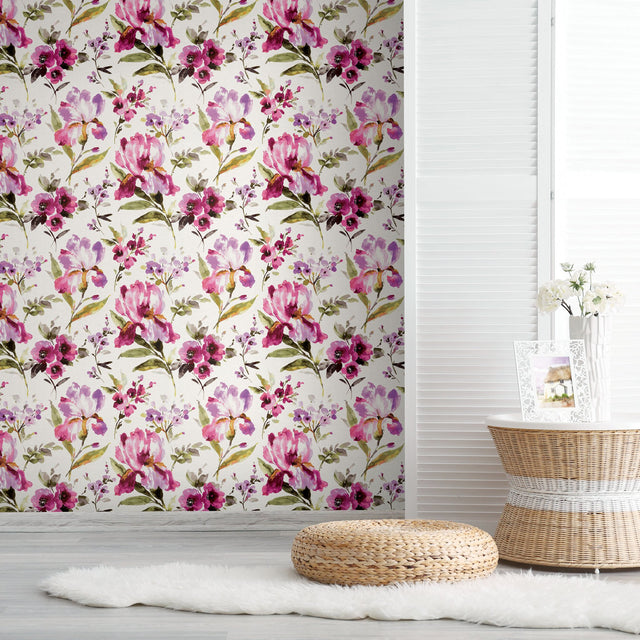 Iris Purple Peel & Stick Wallpaper with Whimsical Botanical Flowers - York RMK12295PL