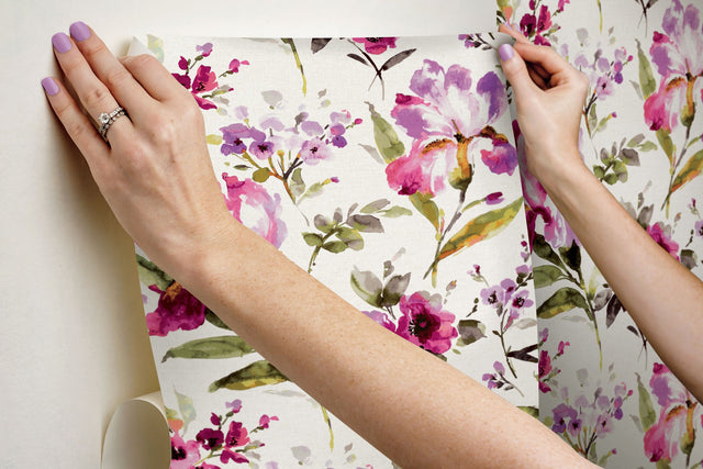 Iris Purple Peel & Stick Wallpaper with Whimsical Botanical Flowers - York RMK12295PL
