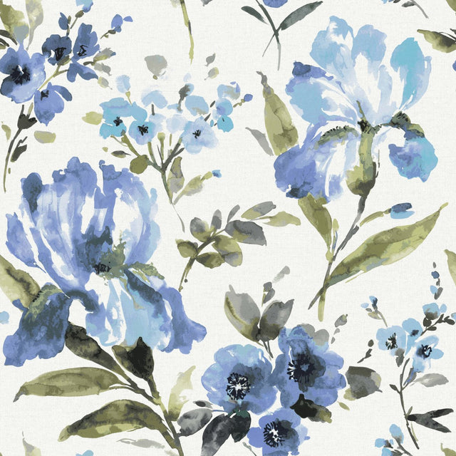 Iris Blue Peel & Stick Wallpaper with Whimsical Botanical Flowers - York RMK12296PL