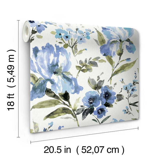Iris Blue Peel & Stick Wallpaper with Whimsical Botanical Flowers - York RMK12296PL