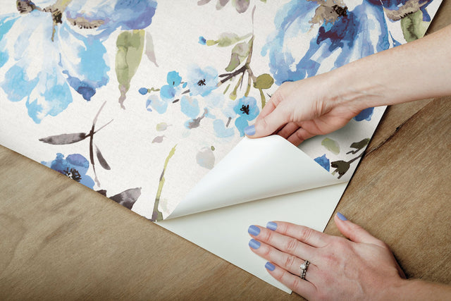 Iris Blue Peel & Stick Wallpaper with Whimsical Botanical Flowers - York RMK12296PL