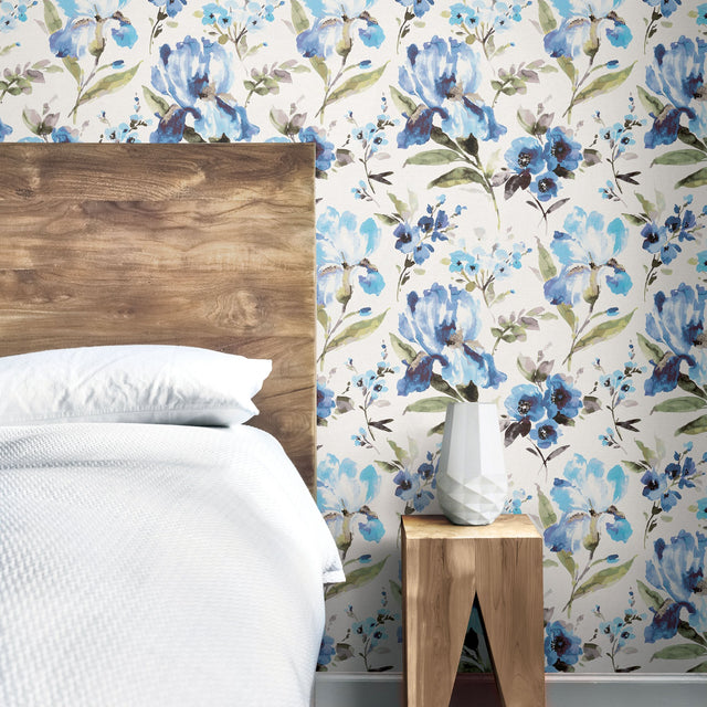 Iris Blue Peel & Stick Wallpaper with Whimsical Botanical Flowers - York RMK12296PL