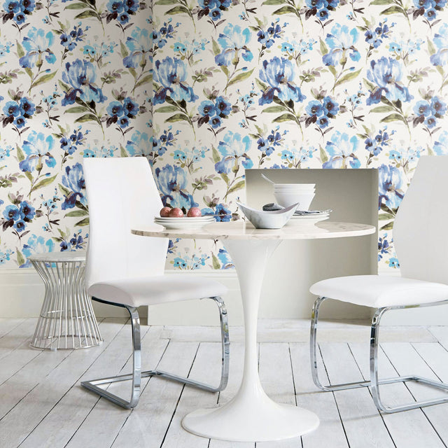 Iris Blue Peel & Stick Wallpaper with Whimsical Botanical Flowers - York RMK12296PL