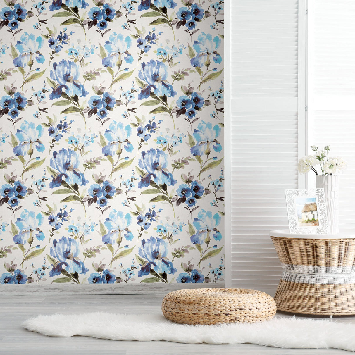 Iris Blue Peel & Stick Wallpaper with Whimsical Botanical Flowers - York RMK12296PL