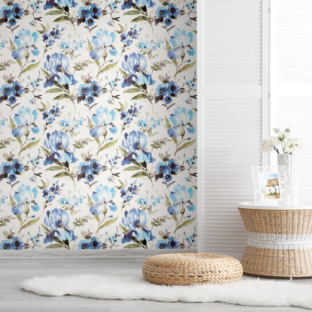 Iris Blue Peel & Stick Wallpaper with Whimsical Botanical Flowers - York RMK12296PL