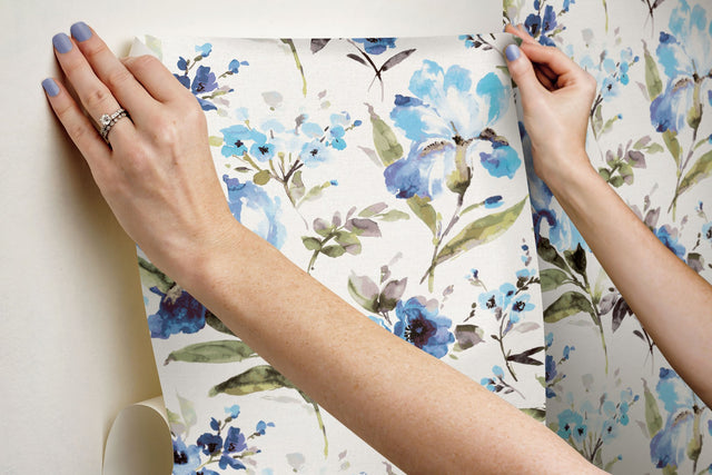 Iris Blue Peel & Stick Wallpaper with Whimsical Botanical Flowers - York RMK12296PL