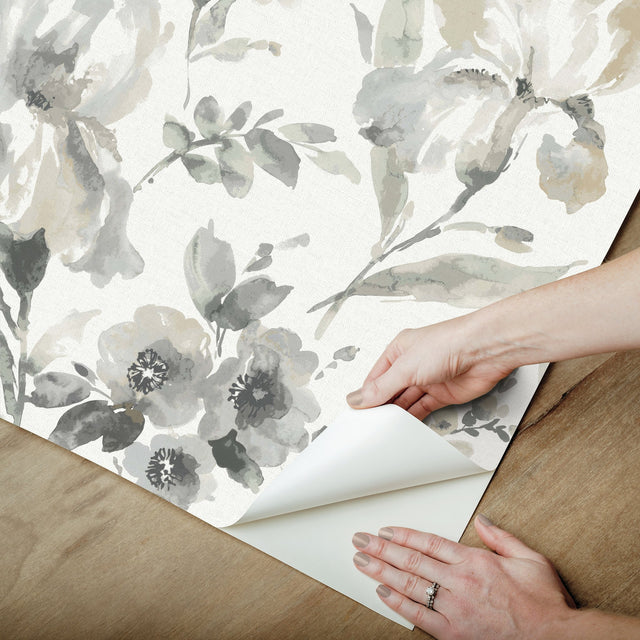 Iris Grey Peel & Stick Wallpaper with Botanical Floral Pattern, Whimsical Style - York RMK12298PL