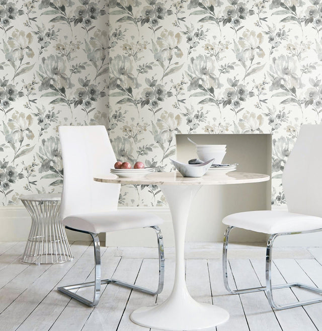 Iris Grey Peel & Stick Wallpaper with Botanical Floral Pattern, Whimsical Style - York RMK12298PL
