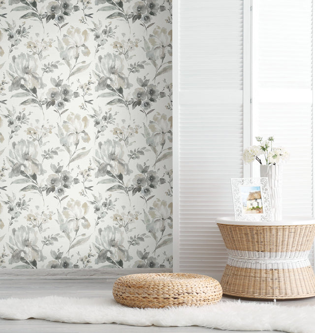 Iris Grey Peel & Stick Wallpaper with Botanical Floral Pattern, Whimsical Style - York RMK12298PL