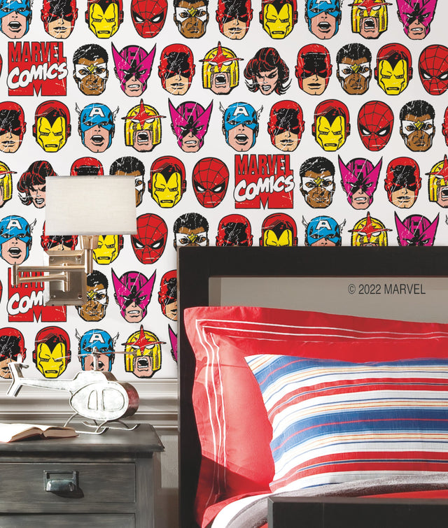 Marvel Comics Classic Faces Multicolor Peel & Stick Wallpaper with Comic Hero Faces Pattern - York RMK12309RL