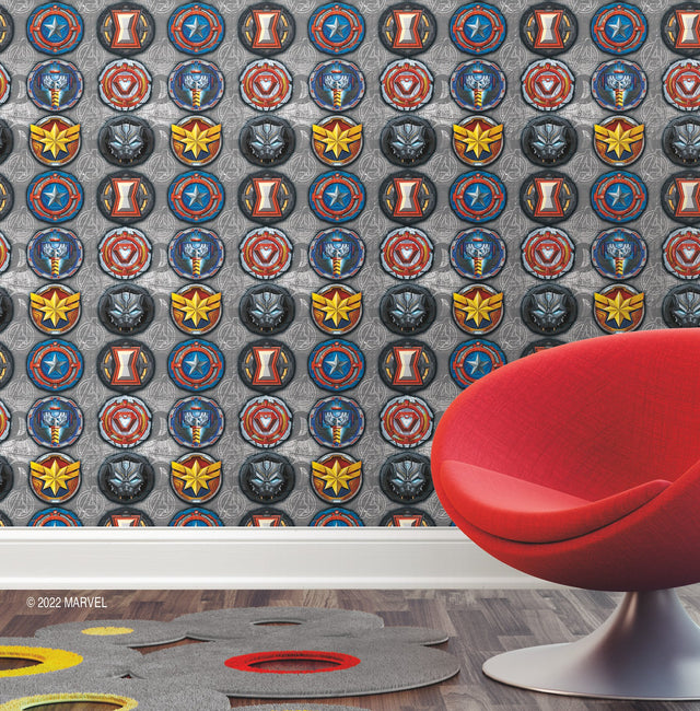 Avengers Emblems Multicolor Peel & Stick Vinyl Wallpaper with Marvel Icon Motif - York RMK12311RL