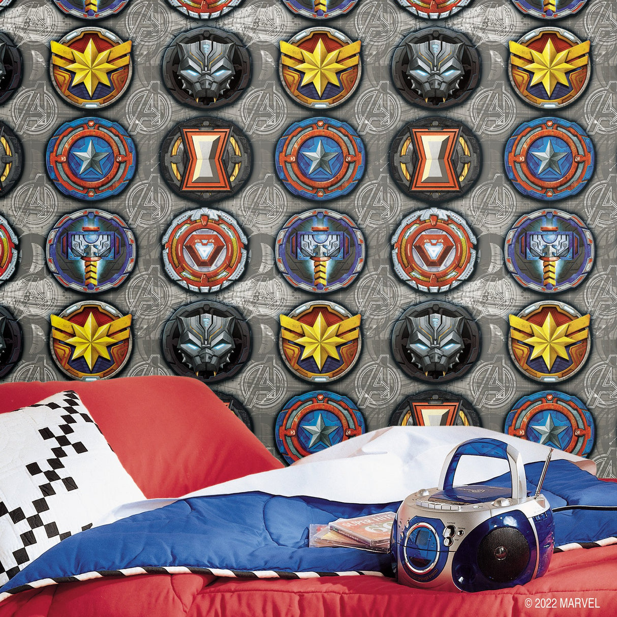 Avengers Emblems Multicolor Peel & Stick Vinyl Wallpaper with Marvel Icon Motif - York RMK12311RL