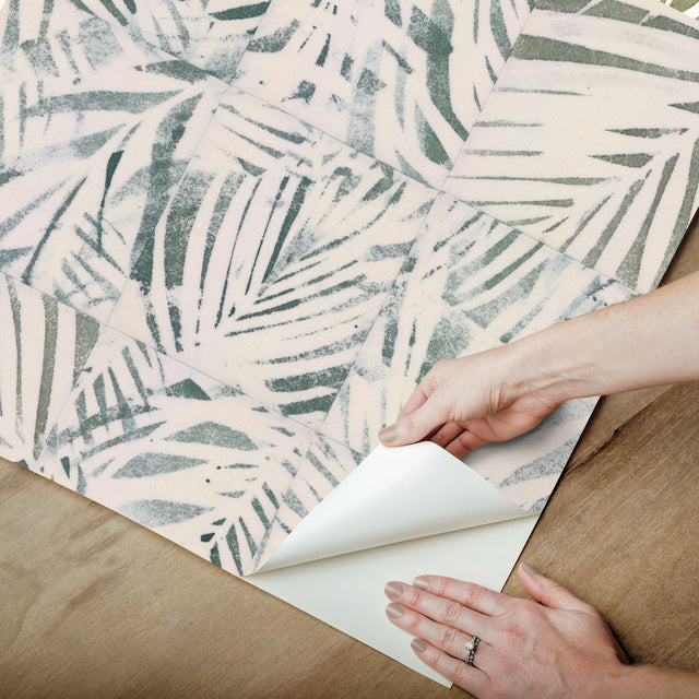 Cubism Palm Green Peel & Stick Wallpaper with Tropical Novelty Palm Tile Pattern - York RMK12312RL