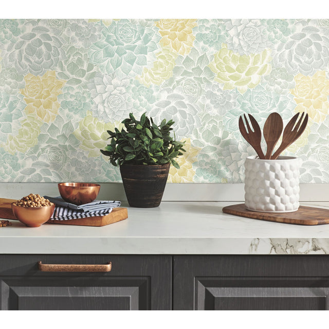 Succulent Plant Green Peel & Stick Wallpaper with Whimsical Botanical Novelty Pattern - York RMK12313RL