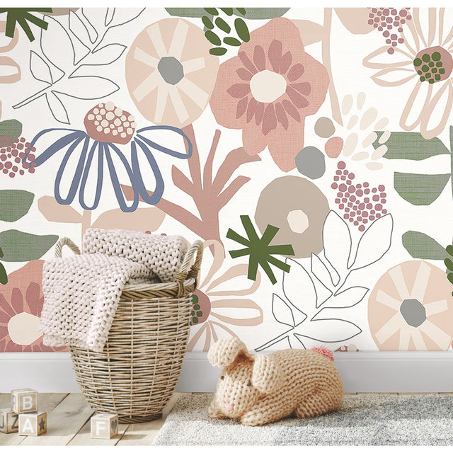 Desert Floral Pink Peel & Stick Wallpaper with Whimsical Botanical Motif - York RMK12319RL