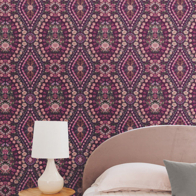 Dried Flower Kaleidoscope Pink Peel & Stick Wallpaper with Whimsical Botanical Novelty Pattern - York RMK12320RL