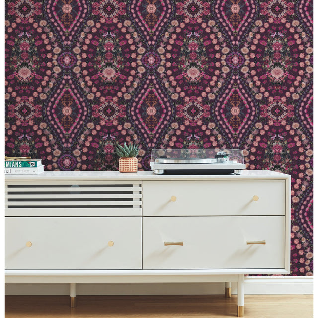 Dried Flower Kaleidoscope Pink Peel & Stick Wallpaper with Whimsical Botanical Novelty Pattern - York RMK12320RL