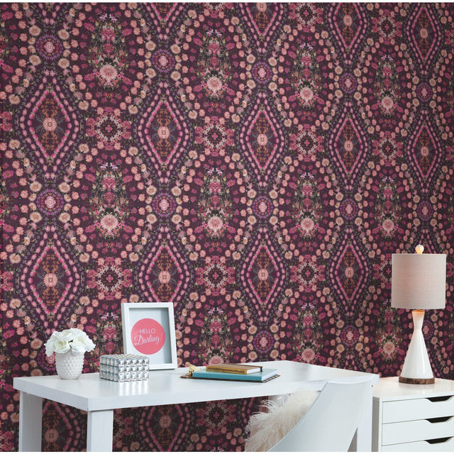 Dried Flower Kaleidoscope Pink Peel & Stick Wallpaper with Whimsical Botanical Novelty Pattern - York RMK12320RL