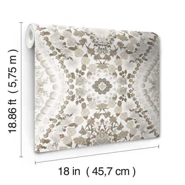 Dried Flower Kaleidoscope Taupe Peel & Stick Wallpaper with Botanical Novelty Pattern - York RMK12321RL