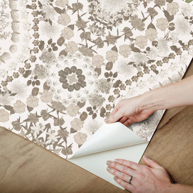 Dried Flower Kaleidoscope Taupe Peel & Stick Wallpaper with Botanical Novelty Pattern - York RMK12321RL