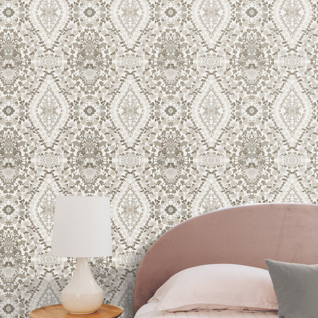 Dried Flower Kaleidoscope Taupe Peel & Stick Wallpaper with Botanical Novelty Pattern - York RMK12321RL