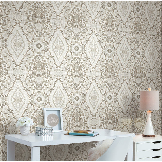 Dried Flower Kaleidoscope Taupe Peel & Stick Wallpaper with Botanical Novelty Pattern - York RMK12321RL