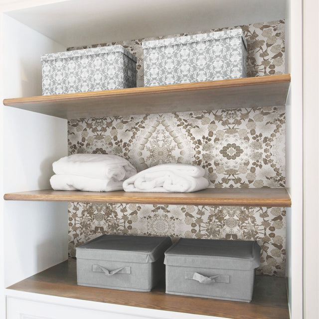 Dried Flower Kaleidoscope Taupe Peel & Stick Wallpaper with Botanical Novelty Pattern - York RMK12321RL