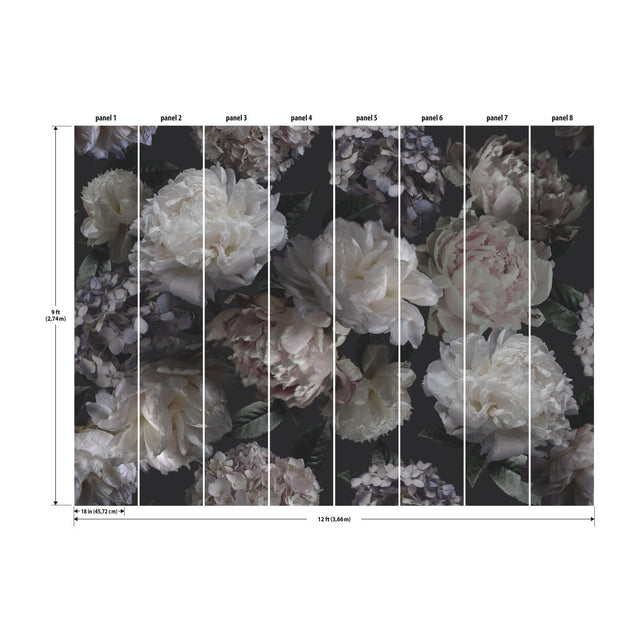Moonlit Garden Black Peel & Stick Wall Mural with Whimsical Botanical Floral Pattern - York RMK12322M