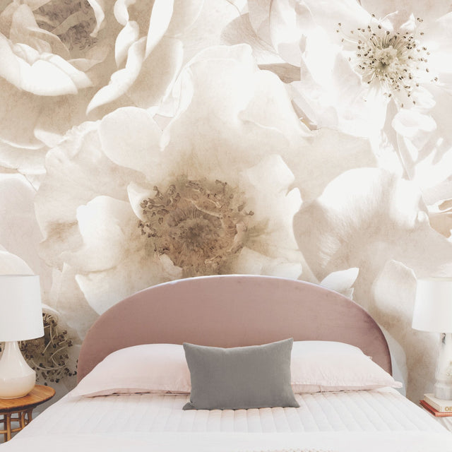 Creamy Floral Peel & Stick Wall Mural in Cream - Mr. Kate Whimsical Botanical Vinyl, 108 in x 108 in - York RMK12324M