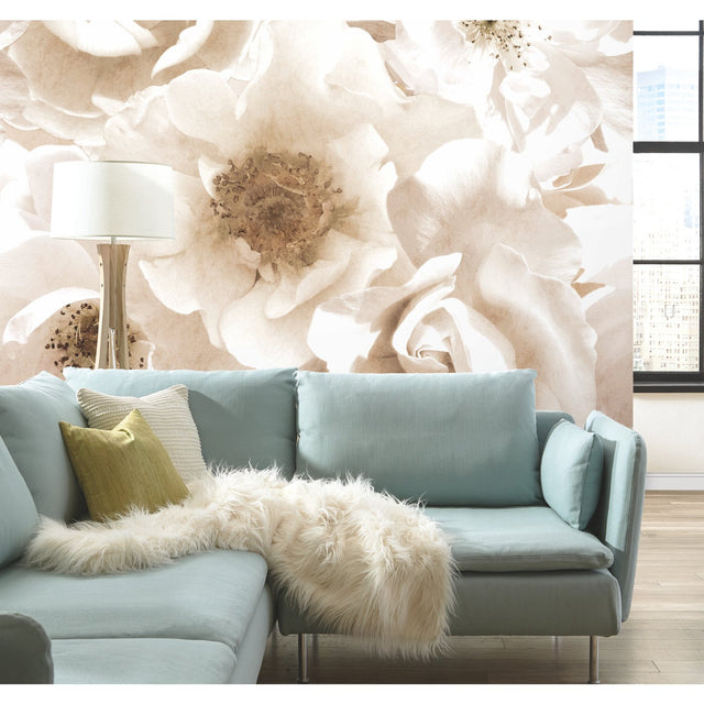 Creamy Floral Peel & Stick Wall Mural in Cream - Mr. Kate Whimsical Botanical Vinyl, 108 in x 108 in - York RMK12324M