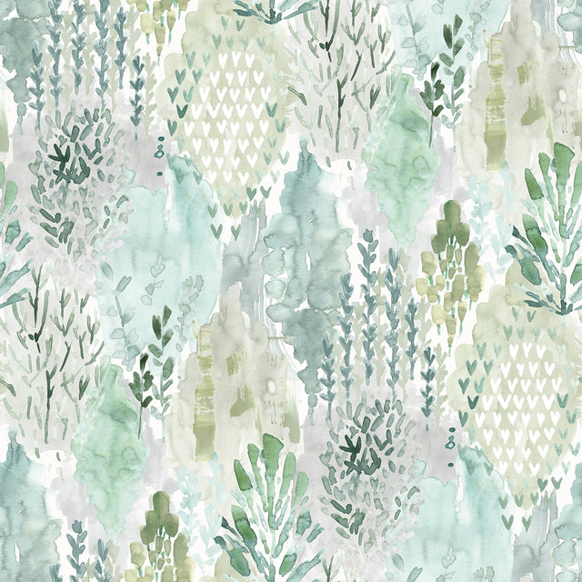 Watercolor Tree Mosaic Green Peel & Stick Wallpaper with Whimsical Ikat Abstract Pattern - York RMK12329PLW