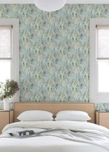 Watercolor Tree Mosaic Green Peel & Stick Wallpaper with Whimsical Ikat Abstract Pattern - York RMK12329PLW