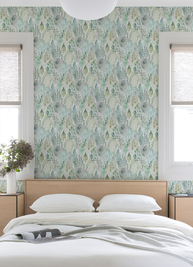 Watercolor Tree Mosaic Green Peel & Stick Wallpaper with Whimsical Ikat Abstract Pattern - York RMK12329PLW