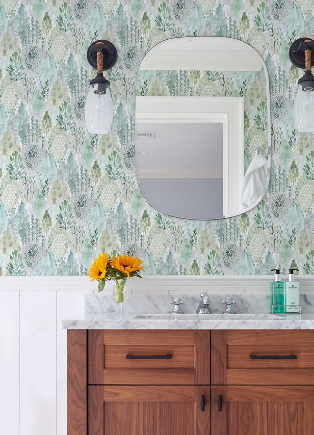 Watercolor Tree Mosaic Green Peel & Stick Wallpaper with Whimsical Ikat Abstract Pattern - York RMK12329PLW