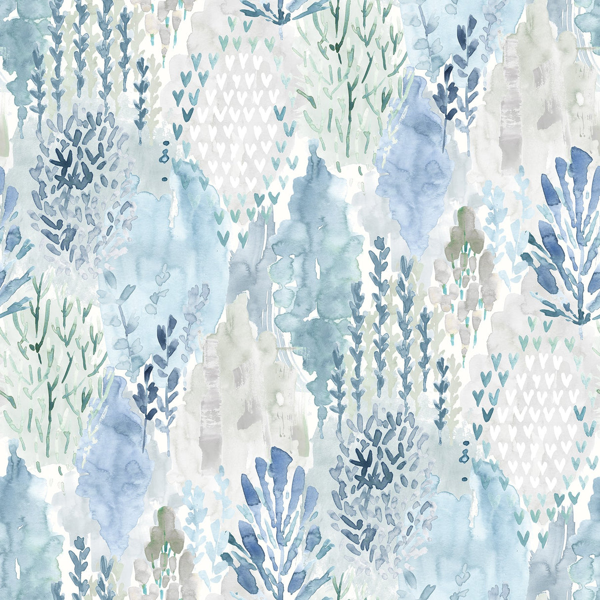 Watercolor Tree Mosaic Blue Peel & Stick Wallpaper with Whimsical Botanical Trees - York RMK12330PLW