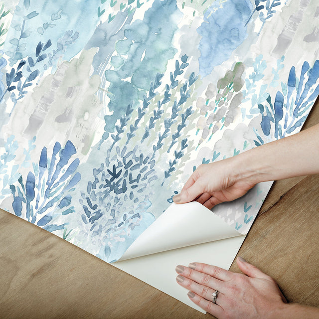 Watercolor Tree Mosaic Blue Peel & Stick Wallpaper with Whimsical Botanical Trees - York RMK12330PLW