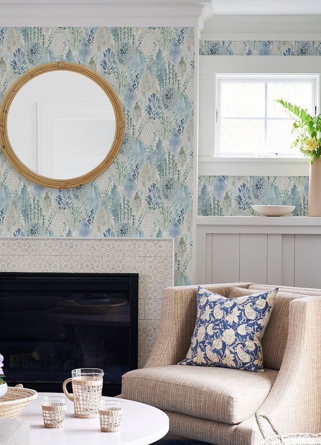 Watercolor Tree Mosaic Blue Peel & Stick Wallpaper with Whimsical Botanical Trees - York RMK12330PLW