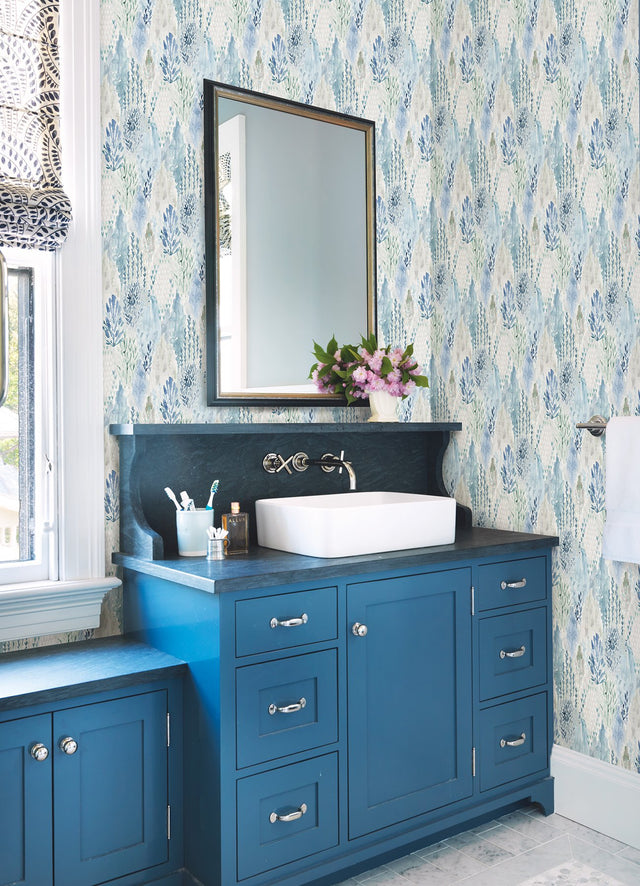 Watercolor Tree Mosaic Blue Peel & Stick Wallpaper with Whimsical Botanical Trees - York RMK12330PLW