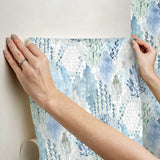 Watercolor Tree Mosaic Blue Peel & Stick Wallpaper with Whimsical Botanical Trees - York RMK12330PLW