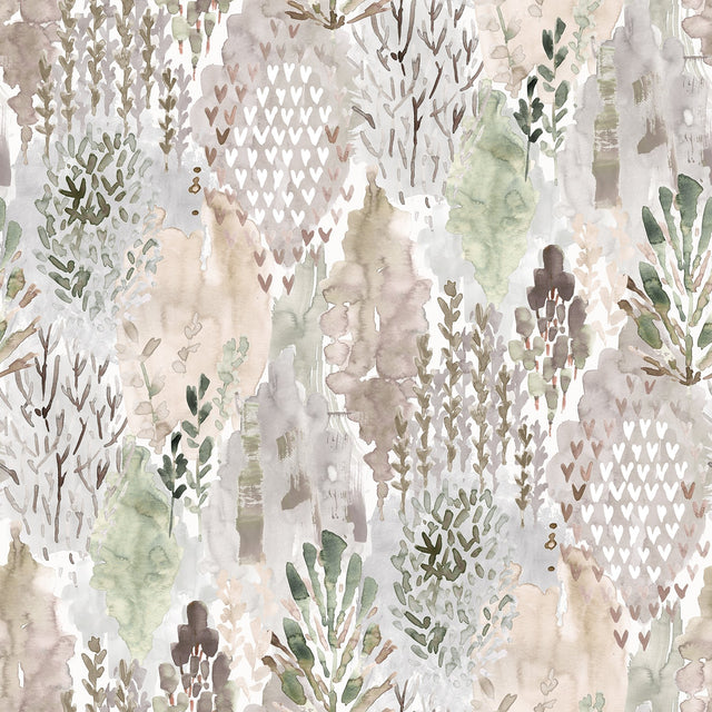Watercolor Tree Mosaic Taupe Peel & Stick Wallpaper with Whimsical Botanical Trees Pattern - York RMK12331PLW