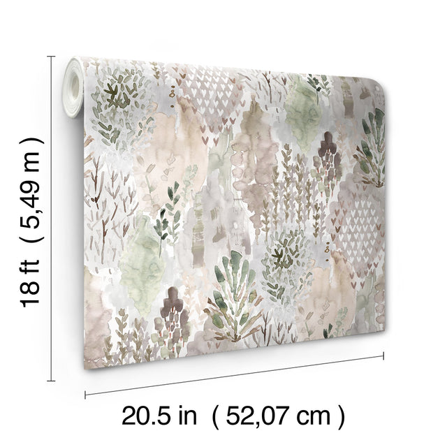 Watercolor Tree Mosaic Taupe Peel & Stick Wallpaper with Whimsical Botanical Trees Pattern - York RMK12331PLW