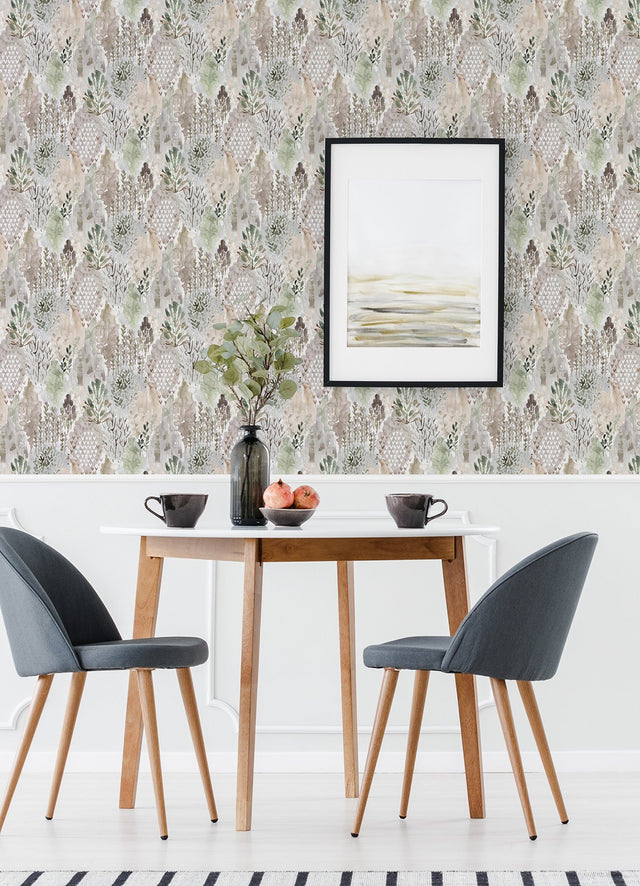 Watercolor Tree Mosaic Taupe Peel & Stick Wallpaper with Whimsical Botanical Trees Pattern - York RMK12331PLW