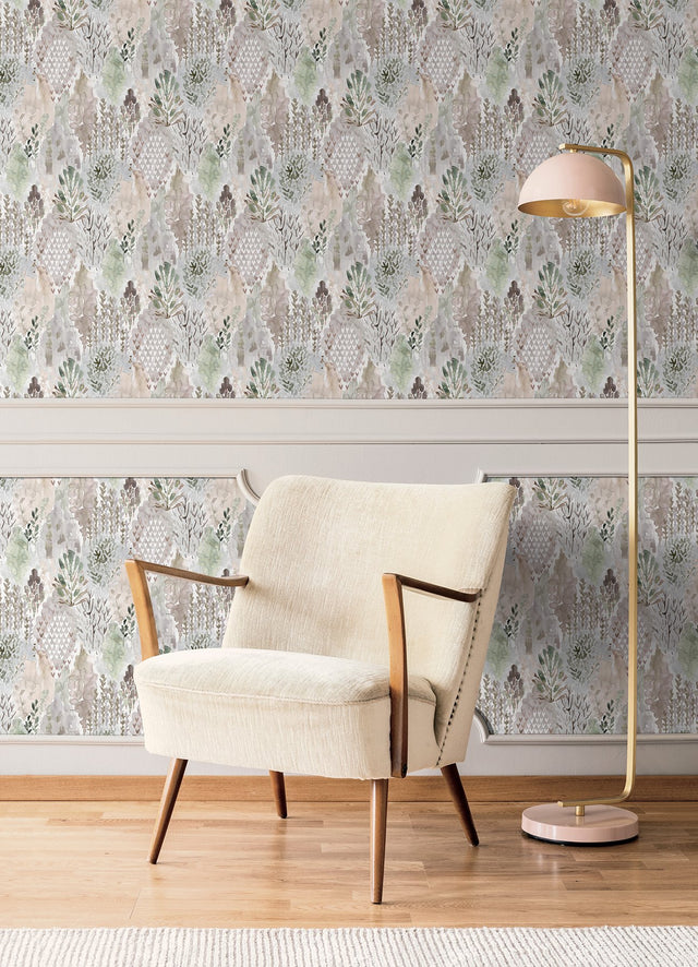 Watercolor Tree Mosaic Taupe Peel & Stick Wallpaper with Whimsical Botanical Trees Pattern - York RMK12331PLW