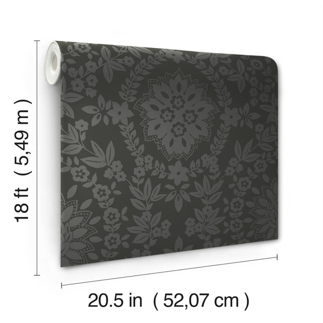 Boho Baroque Damask Grey Peel & Stick Wallpaper with Abstract Damask Pattern - York RMK12334PL