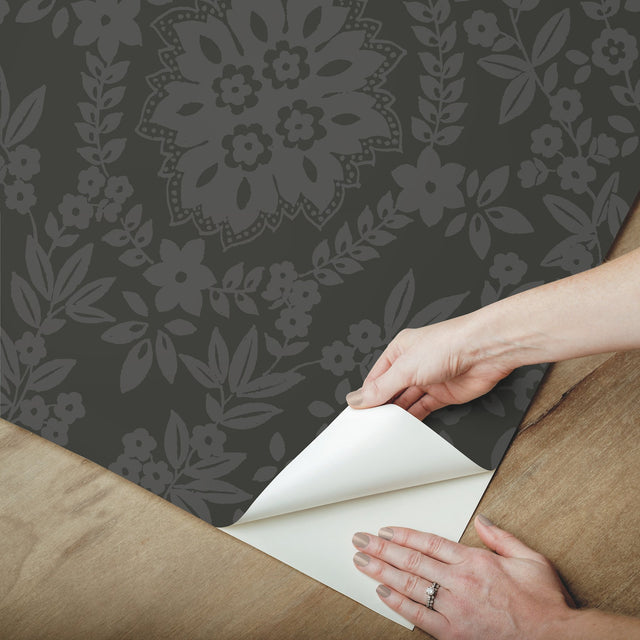 Boho Baroque Damask Grey Peel & Stick Wallpaper with Abstract Damask Pattern - York RMK12334PL