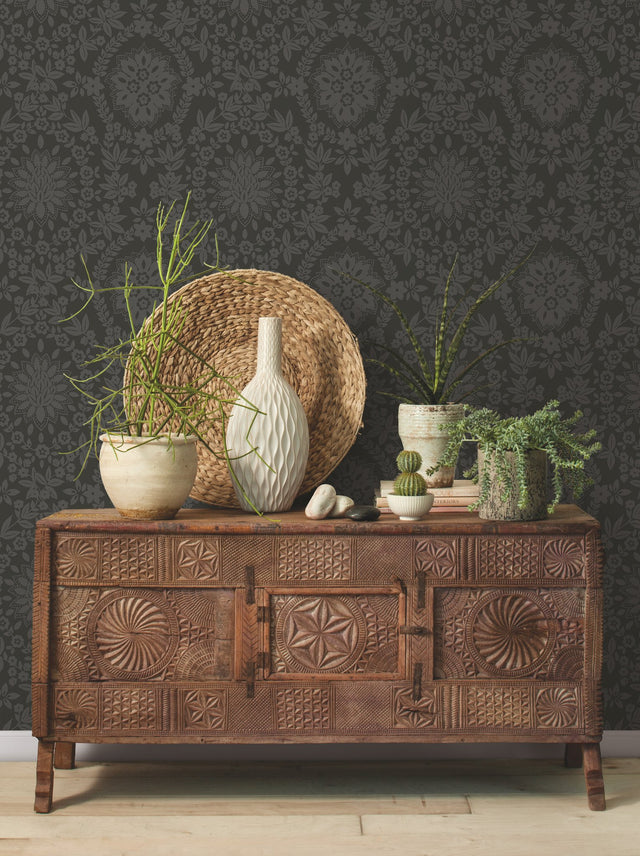 Boho Baroque Damask Grey Peel & Stick Wallpaper with Abstract Damask Pattern - York RMK12334PL
